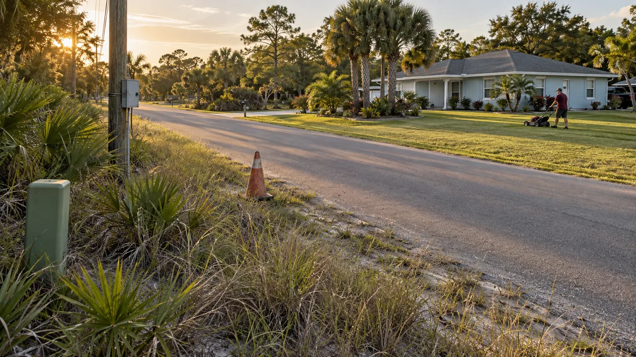 Man mowing a lawn across the road from an overgrown verge with utility enclosures and a traffic cone