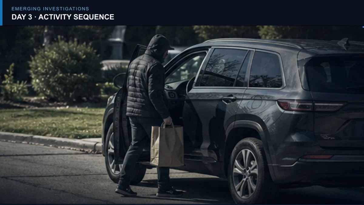 Redacted report sequence showing an adult carrying a bag near a vehicle