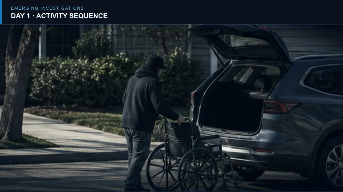 Redacted report sequence showing an adult moving a wheelchair near a vehicle